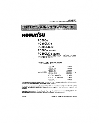 PC300LC-5(USA)-L S/N A70501-UP Operation manual (English)