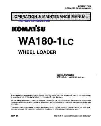 WA180-1(USA)-LC S/N A75001-UP Operation manual (English)