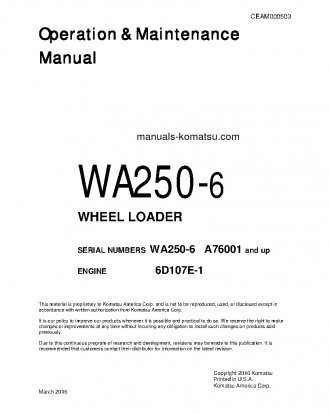 WA250-6(USA) S/N A76001-UP Operation manual (English)