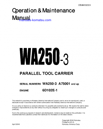WA250-3(USA)-L S/N A75001-UP Operation manual (English)