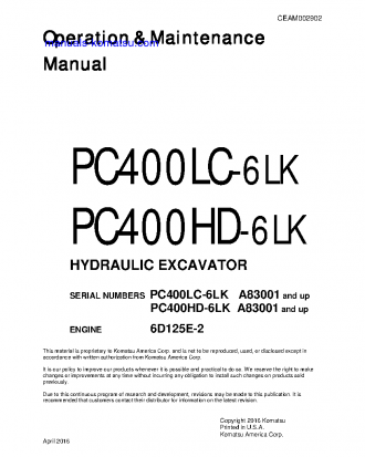 PC400HD-6(USA)-LK S/N A83001-UP Operation manual (English)