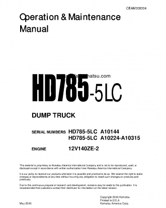 HD785-5(USA)-LC S/N A10224-A10315 Operation manual (English)