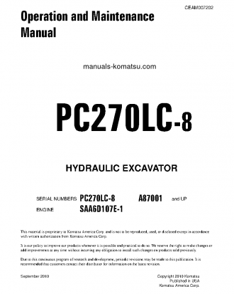PC270LC-8(USA) S/N A87001-UP Operation manual (English)