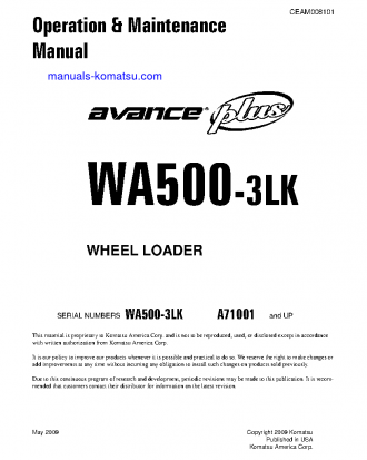 WA500-3(USA)-LK S/N A71001-UP Operation manual (English)