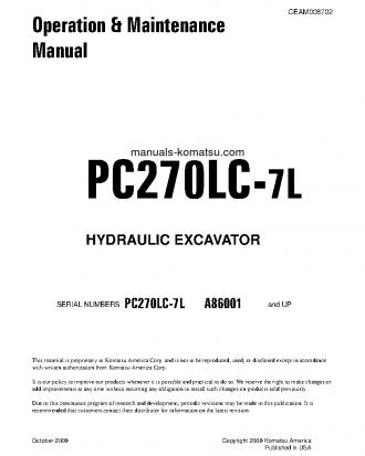 PC270LC-7(USA)-L S/N A86001-UP Operation manual (English)