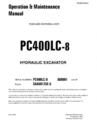 PC400LC-8(USA) S/N A88001-UP Operation manual (English)