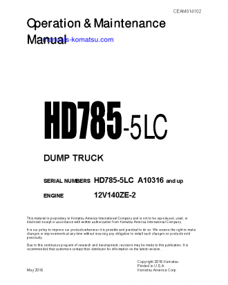 HD785-5(USA)-LC S/N A10316-UP Operation manual (English)