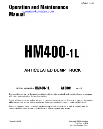 HM400-1(USA)-L S/N A10001-UP Operation manual (English)