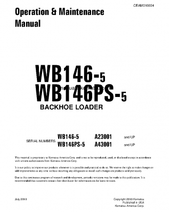 WB146-5(USA) S/N A23001-UP Operation manual (English)