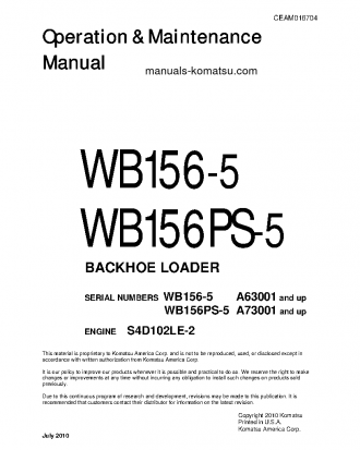 WB156-5(USA) S/N A63001-UP Operation manual (English)