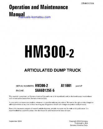 HM300-2(USA) S/N A11001-UP Operation manual (English)
