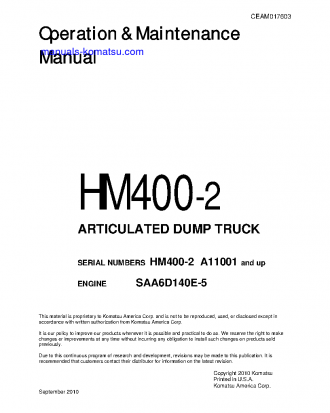 HM400-2(USA) S/N A11001-UP Operation manual (English)
