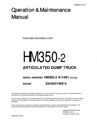 HM350-2(USA) S/N A11001-UP Operation manual (English)
