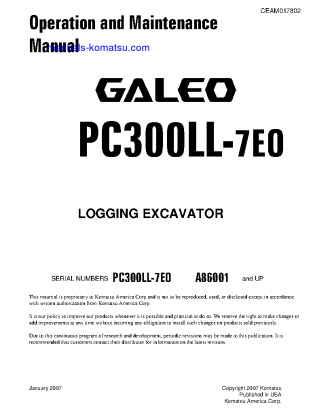 PC300LL-7(USA)-TIER 3 S/N A86001-UP Operation manual (English)