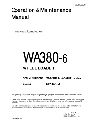 WA380-6(USA) S/N A54001-UP Operation manual (English)