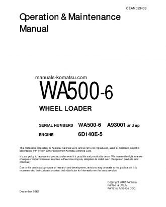WA500-6(USA) S/N A93001-UP Operation manual (English)