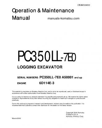 PC350LL-7(USA)-TIER 3 S/N A50001-UP Operation manual (English)