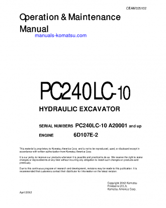 PC240LC-10(USA) S/N A20001-UP Operation manual (English)