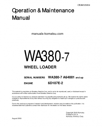 WA380-7(USA) S/N A64001-UP Operation manual (English)