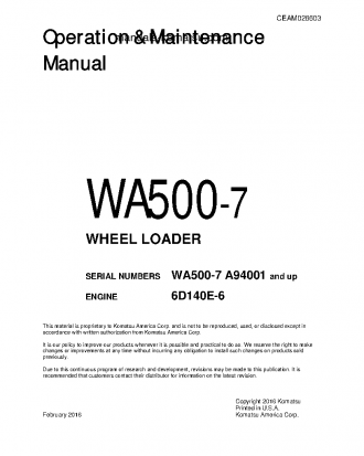 WA500-7(USA) S/N A94001-UP Operation manual (English)