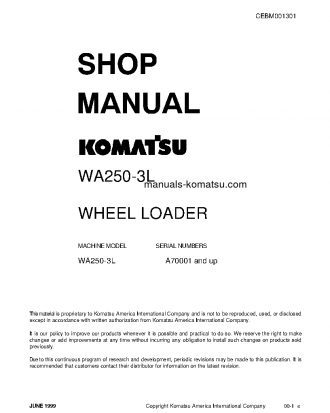 WA250-3(USA)-L S/N A70001-UP Shop (repair) manual (English)