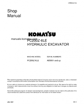 PC200Z-6(USA)-LE S/N A83001-UP Shop (repair) manual (English)