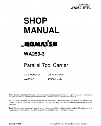 WA250PT-3(JPN) S/N A75001-UP Shop (repair) manual (English)
