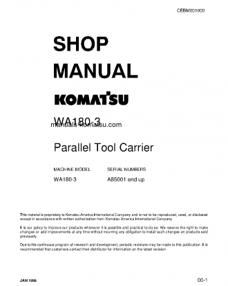 WA180PT-3(USA)-L S/N A85001-UP Shop (repair) manual (English)