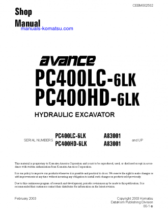 PC400HD-6(USA)-LK S/N A83001-A85000 Shop (repair) manual (English)