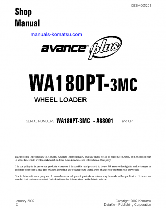 WA180PT-3(USA)-MC S/N A88001-UP Shop (repair) manual (English)