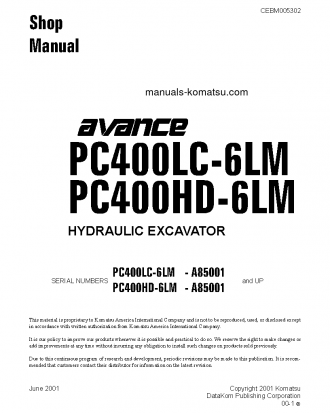 PC400HD-6(USA)-LM S/N A85001-UP Shop (repair) manual (English)