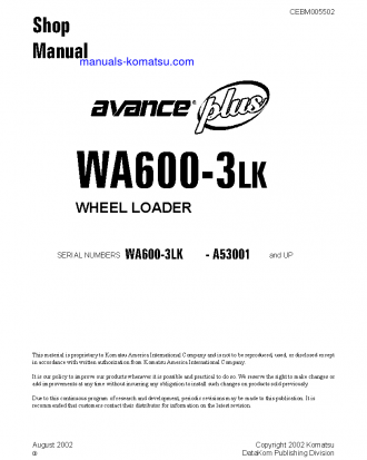WA600-3(USA)-LK S/N A53001-UP Shop (repair) manual (English)