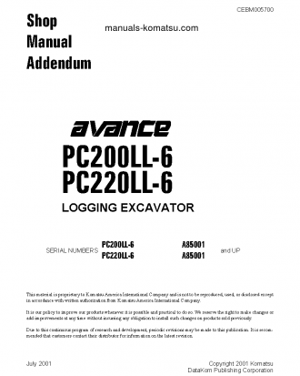 PC220LL-6(USA) S/N A85001-UP Shop (repair) manual (English)