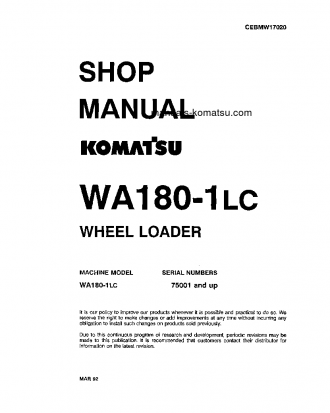 WA180-1(USA)-LC S/N A75001-UP Shop (repair) manual (English)