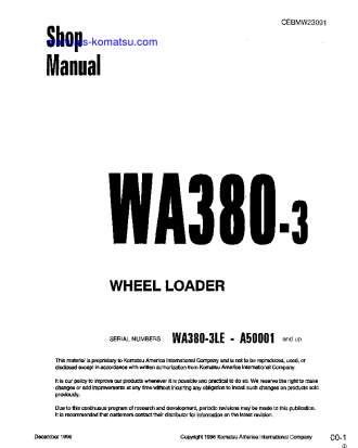 WA380-3(USA)-L S/N A50001-UP Shop (repair) manual (English)