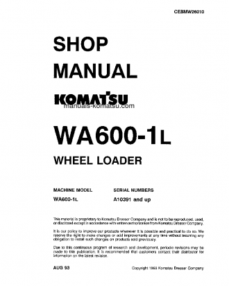 WA600-1(USA)-L S/N A10391-UP Shop (repair) manual (English)