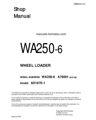 WA250-6(USA) S/N A76001-UP Shop (repair) manual (English)