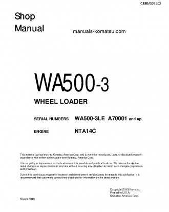 WA500-3(USA)-L S/N A70001-UP Shop (repair) manual (English)