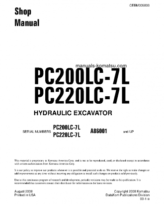 PC200LC-7(USA)-L S/N A86001-UP Shop (repair) manual (English)