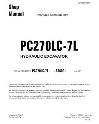 PC270LC-7(USA)-L S/N A86001-UP Shop (repair) manual (English)