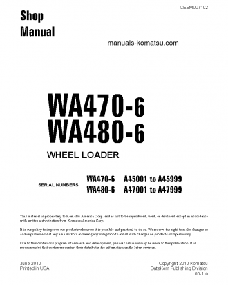 WA480-6(USA) S/N A47001-A47999 Shop (repair) manual (English)