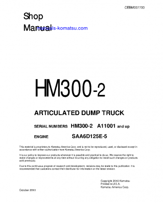 HM300-2(USA) S/N A11001-UP Shop (repair) manual (English)