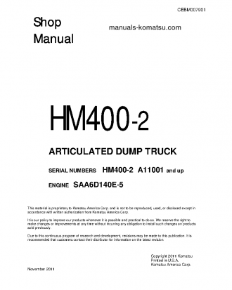 HM400-2(USA) S/N A11001-UP Shop (repair) manual (English)
