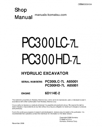 PC300HD-7(USA)-L S/N A85001-UP Shop (repair) manual (English)