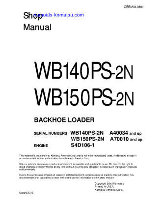 WB150PS-2(USA)-N S/N A70010-UP Shop (repair) manual (English)