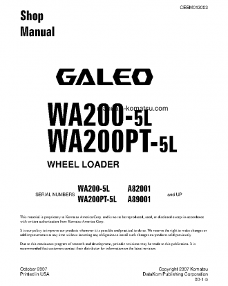 WA200PT-5(USA)-L S/N A89001-UP Shop (repair) manual (English)