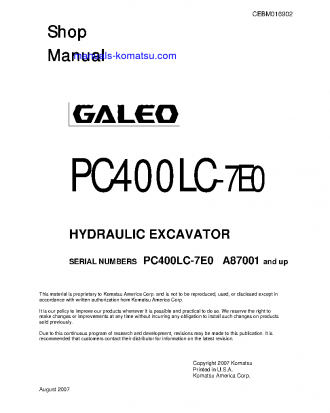 PC400LC-7(USA)-TIER 3 S/N A87001-UP Shop (repair) manual (English)