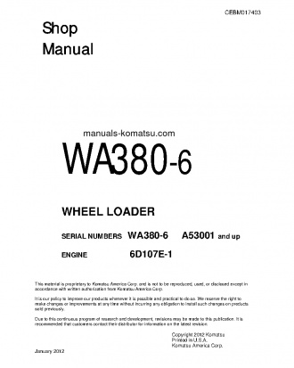 WA380-6(USA) S/N A53001-A54000 Shop (repair) manual (English)