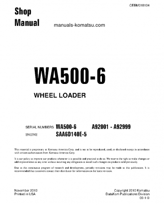 WA500-6(USA) S/N A92001-UP Shop (repair) manual (English)