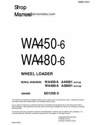 WA480-6(USA) S/N A38001-UP Shop (repair) manual (English)